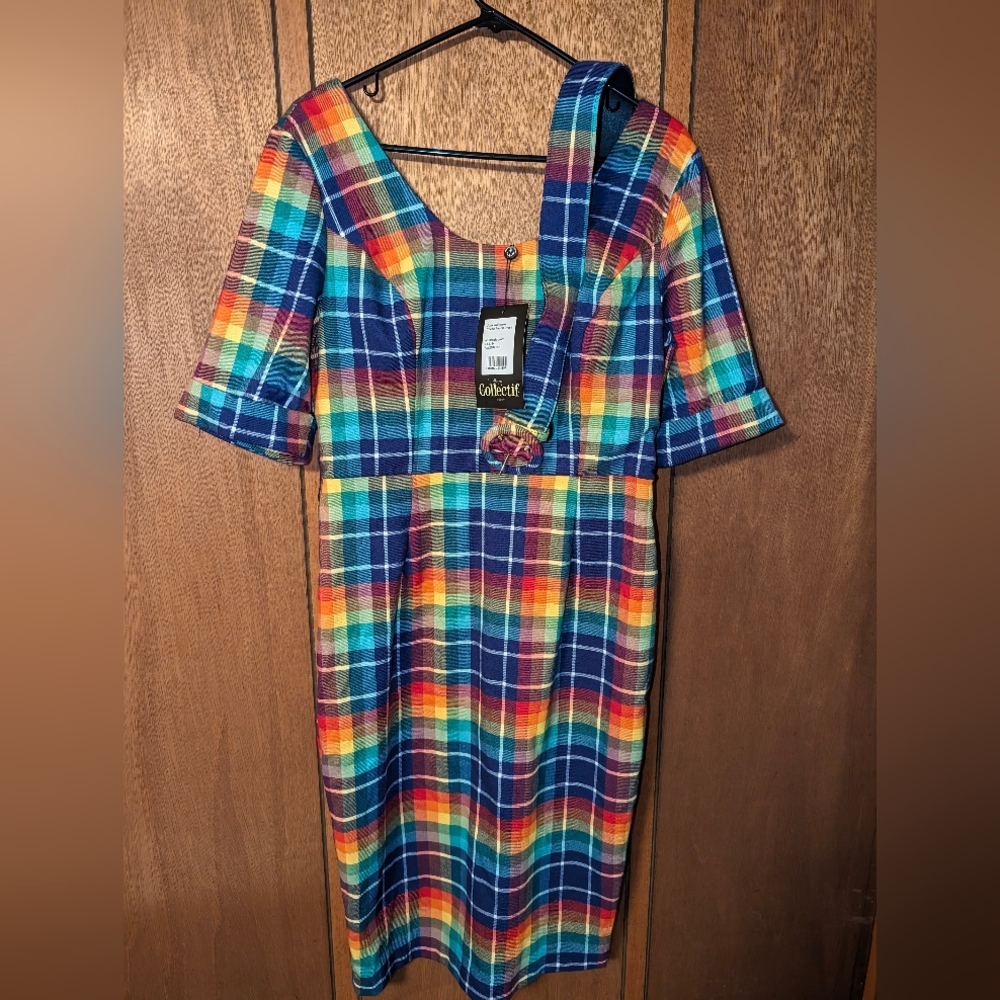Collectif Rainbow Plaid Pencil Dress L